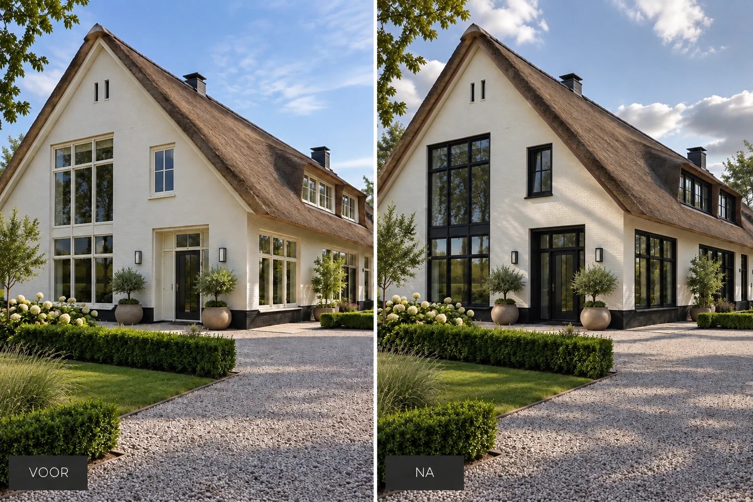 Voor en na van een landelijke woning met lichte en daarna donkere kozijnen