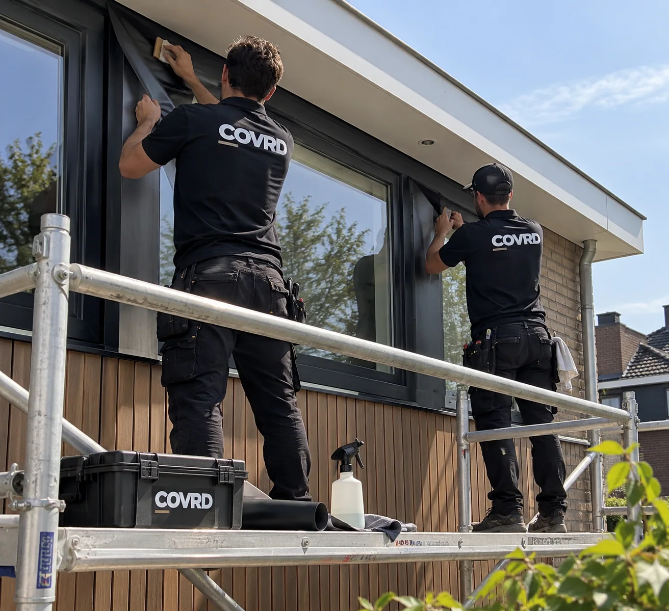 Covrd-monteurs tijdens het zorgvuldig aanbrengen van kozijnfolie