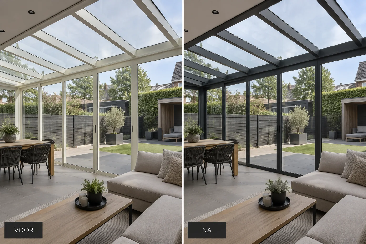 Voor en na van een veranda met lichte en daarna donkere profielen