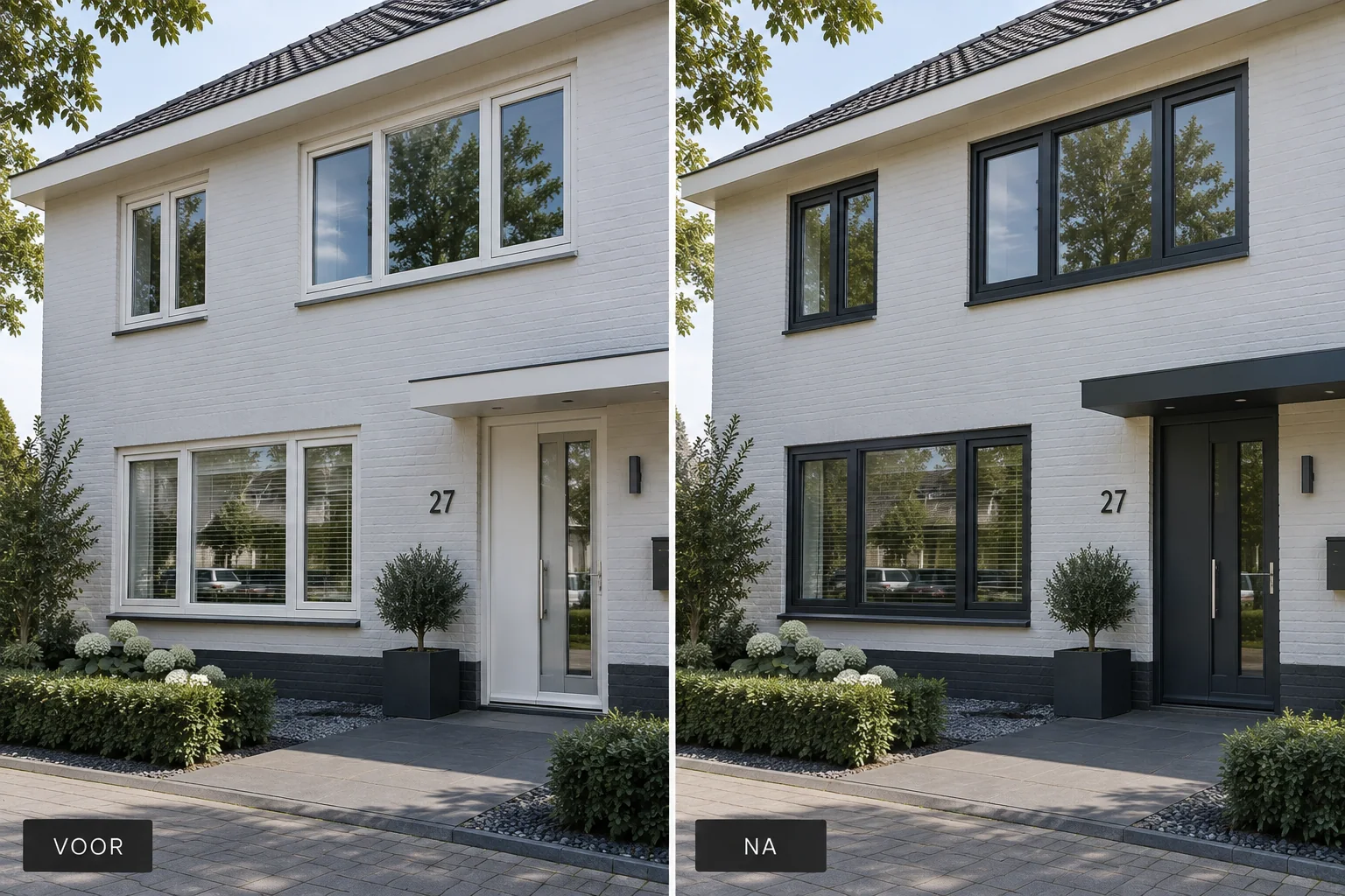 Voor en na van een woning met lichte en daarna donkere kozijnen