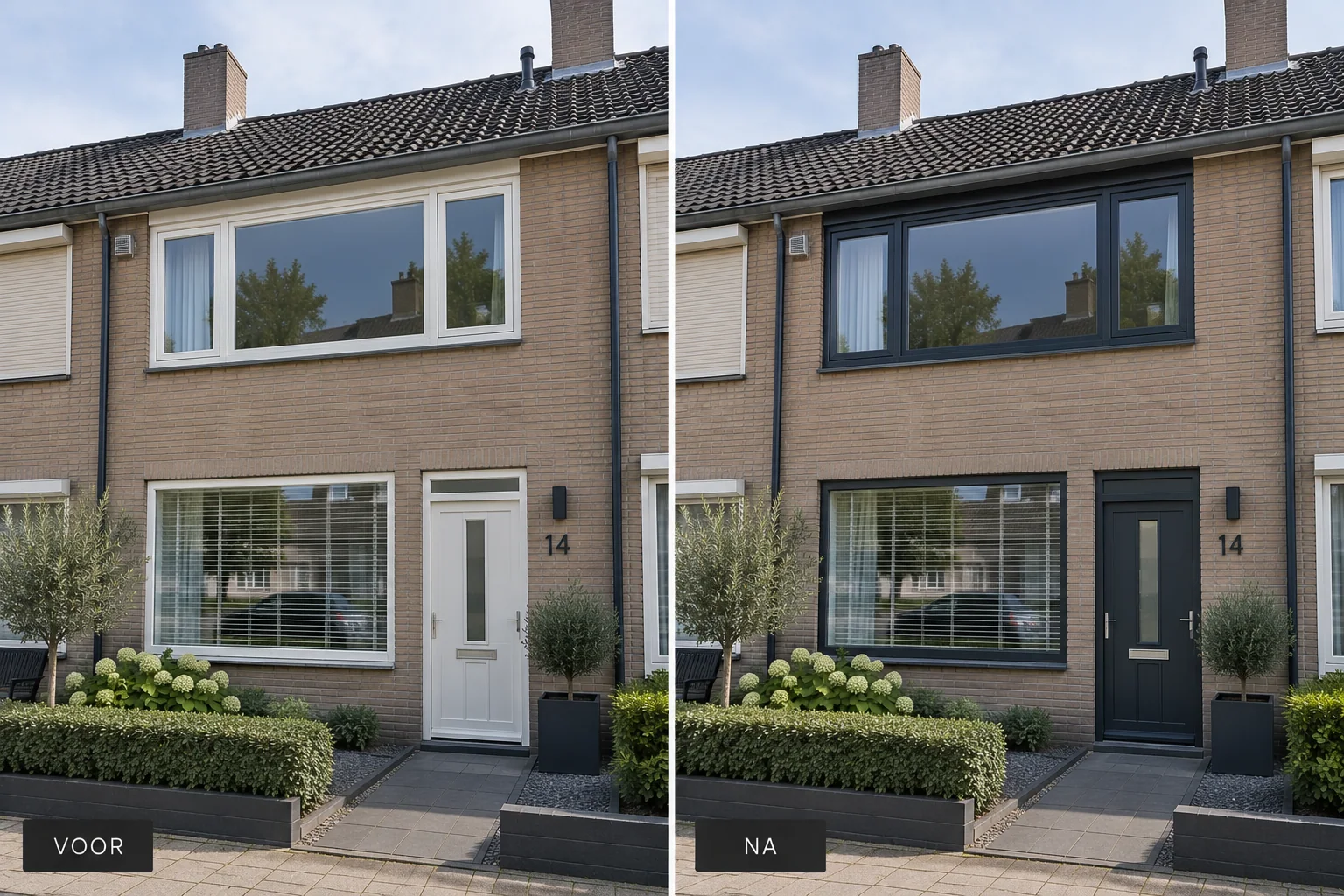Voor en na van een woongevel waarvan witte kozijnen en voordeur donker zijn afgewerkt